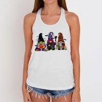 Three Gnomes Happy Halloween Fall Candy Corn Pumpkin Women's Knotted Racerback Tank