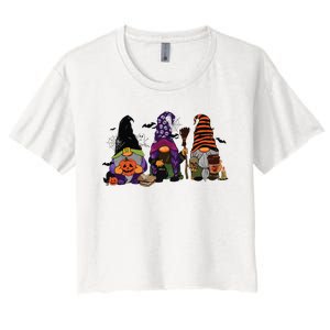 Three Gnomes Happy Halloween Fall Candy Corn Pumpkin Women's Crop Top Tee