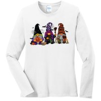 Three Gnomes Happy Halloween Fall Candy Corn Pumpkin Ladies Long Sleeve Shirt