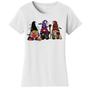 Three Gnomes Happy Halloween Fall Candy Corn Pumpkin Women's T-Shirt