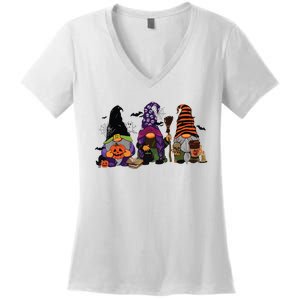 Three Gnomes Happy Halloween Fall Candy Corn Pumpkin Women's V-Neck T-Shirt