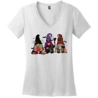 Three Gnomes Happy Halloween Fall Candy Corn Pumpkin Women's V-Neck T-Shirt