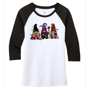 Three Gnomes Happy Halloween Fall Candy Corn Pumpkin Women's Tri-Blend 3/4-Sleeve Raglan Shirt