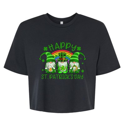 Three Gnomes Holding Shamrock Green Rainbow St Patrick's Day Bella+Canvas Jersey Crop Tee