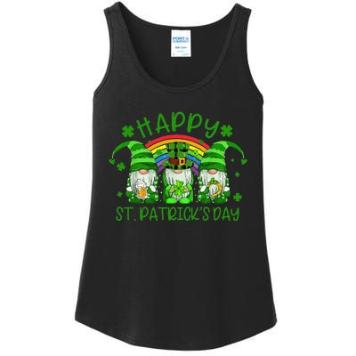 Three Gnomes Holding Shamrock Green Rainbow St Patrick's Day Ladies Essential Tank