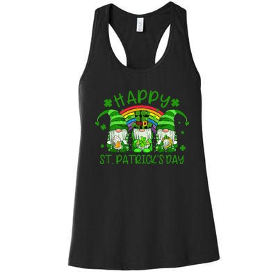 Three Gnomes Holding Shamrock Green Rainbow St Patrick's Day Women's Racerback Tank