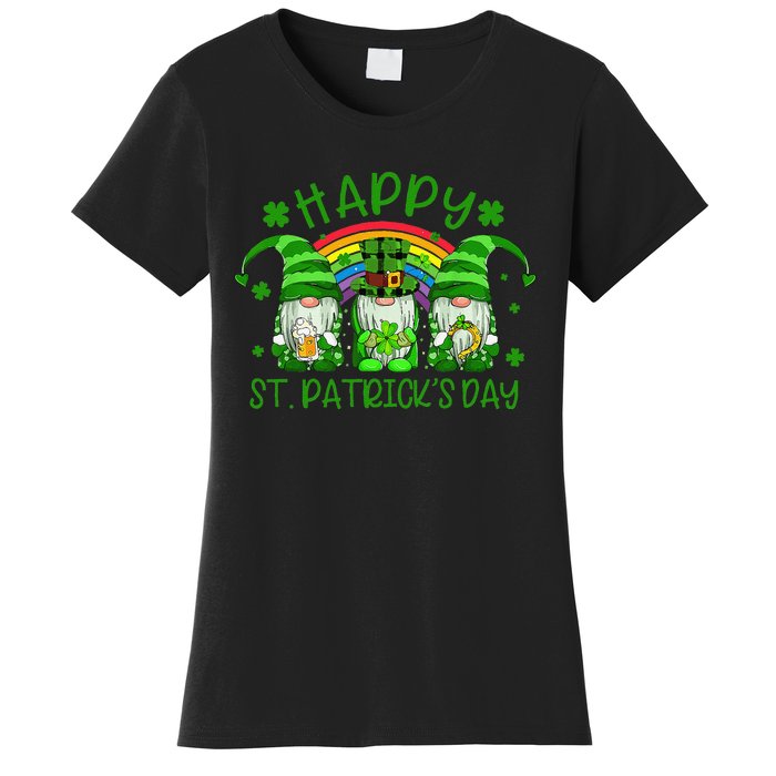 Three Gnomes Holding Shamrock Green Rainbow St Patrick's Day Women's T-Shirt