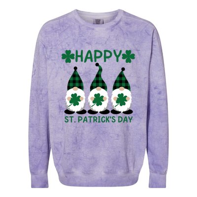 Three Gnomes Holding Shamrock Leopard Plaid St Patrick's Day Colorblast Crewneck Sweatshirt