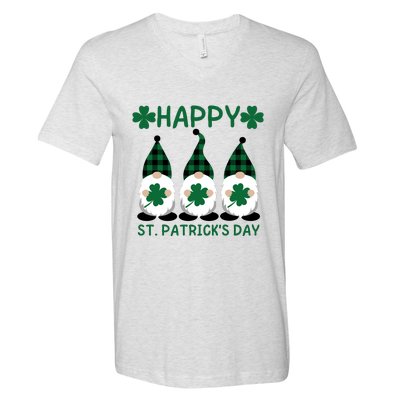 Three Gnomes Holding Shamrock Leopard Plaid St Patrick's Day V-Neck T-Shirt