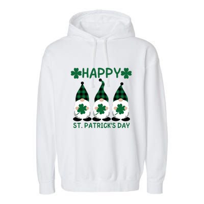 Three Gnomes Holding Shamrock Leopard Plaid St Patrick's Day Garment-Dyed Fleece Hoodie