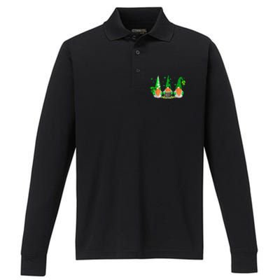 Three Gnomes Holding Shamrock Leopard Plaid St Patrick's Day Performance Long Sleeve Polo