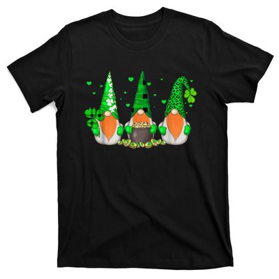 Three Gnomes Holding Shamrock Leopard Plaid St Patrick's Day T-Shirt