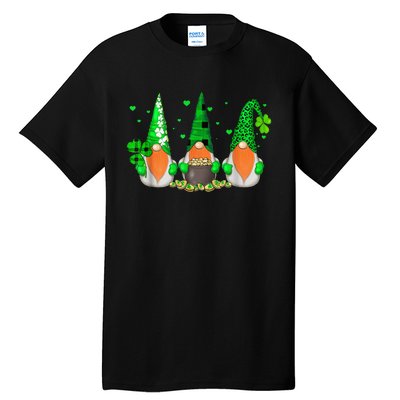 Three Gnomes Holding Shamrock Leopard Plaid St Patrick's Day Tall T-Shirt