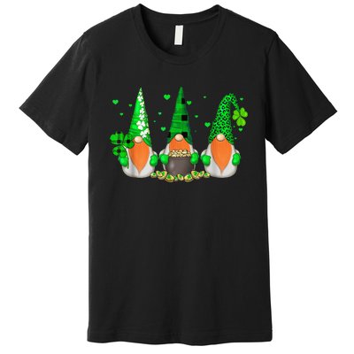 Three Gnomes Holding Shamrock Leopard Plaid St Patrick's Day Premium T-Shirt