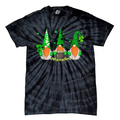 Three Gnomes Holding Shamrock Leopard Plaid St Patrick's Day Tie-Dye T-Shirt