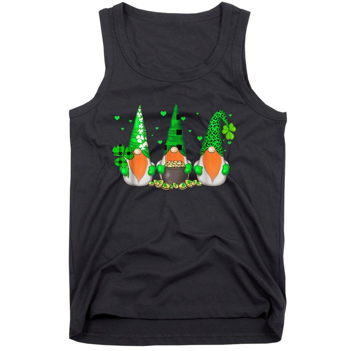 Three Gnomes Holding Shamrock Leopard Plaid St Patrick's Day Tank Top