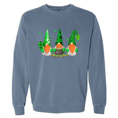 Three Gnomes Holding Shamrock Leopard Plaid St Patrick's Day Garment-Dyed Sweatshirt