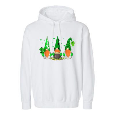 Three Gnomes Holding Shamrock Leopard Plaid St Patrick's Day Garment-Dyed Fleece Hoodie