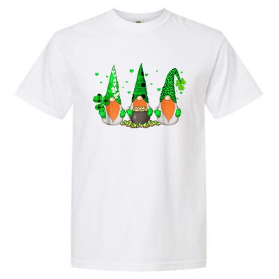 Three Gnomes Holding Shamrock Leopard Plaid St Patrick's Day Garment-Dyed Heavyweight T-Shirt