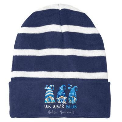 Three Gnomes Holding Blue Puzzle Autism Awareness Striped Beanie with Solid Band