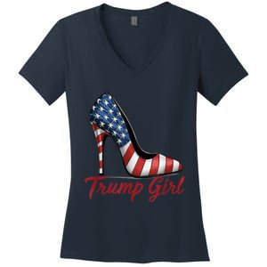 Trump Girl High Heel Stilettos American Flag Trump 2024 Women's V-Neck T-Shirt