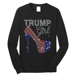 Trump Girl High Heel Faux Rhinestone Us Flag Vote Trump 2024 Long Sleeve Shirt