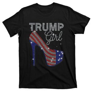 Trump Girl High Heel Faux Rhinestone Us Flag Vote Trump 2024 T-Shirt