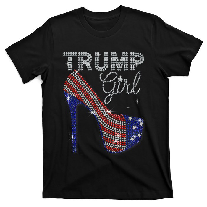 Trump Girl High Heel Faux Rhinestone Us Flag Vote Trump 2024 T-Shirt