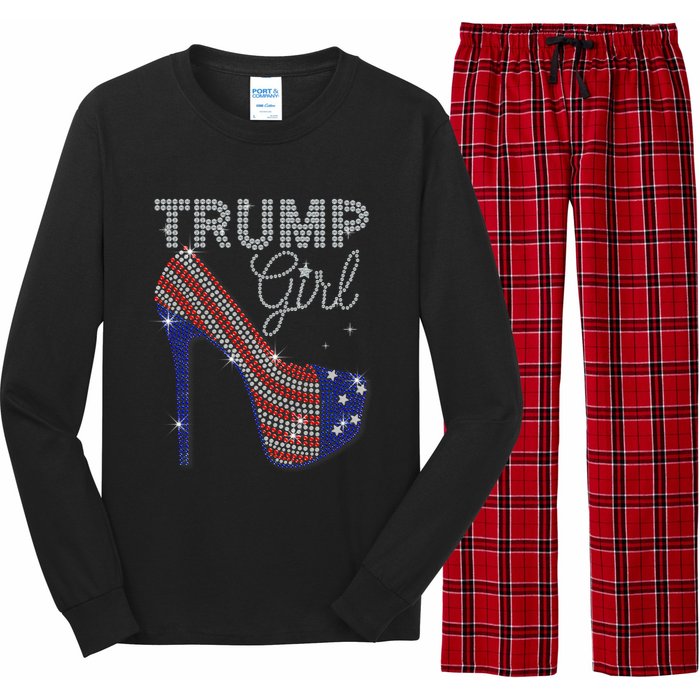 Trump Girl High Heel Faux Rhinestone Us Flag Vote Trump 2024 Long Sleeve Pajama Set