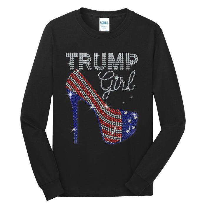 Trump Girl High Heel Faux Rhinestone Us Flag Vote Trump 2024 Tall Long Sleeve T-Shirt