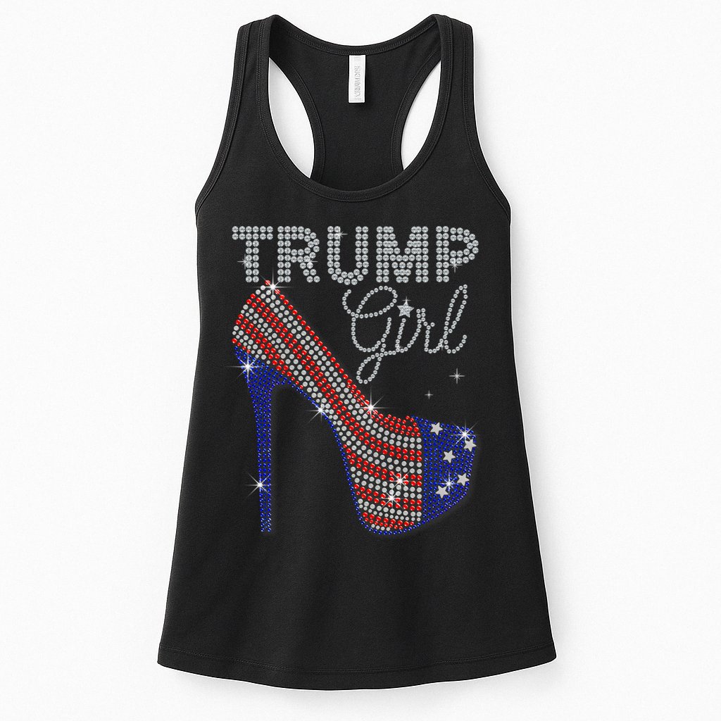Trump Girl High Heel Faux Rhinestone Us Flag Vote Trump 2024 Womens Tank Top