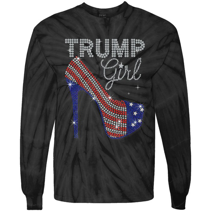 Trump Girl High Heel Faux Rhinestone Us Flag Vote Trump 2024 Tie-Dye Long Sleeve Shirt