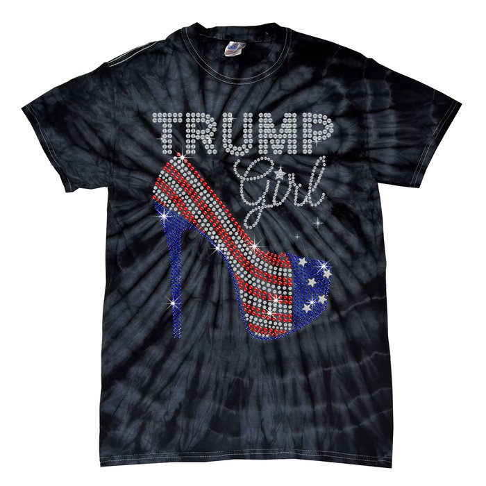 Trump Girl High Heel Faux Rhinestone Us Flag Vote Trump 2024 Tie-Dye T-Shirt