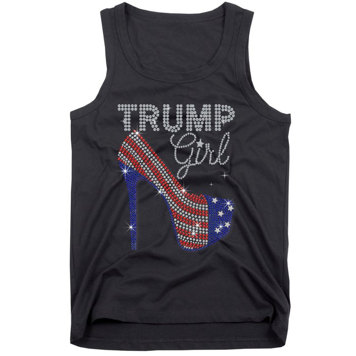 Trump Girl High Heel Faux Rhinestone Us Flag Vote Trump 2024 Tank Top