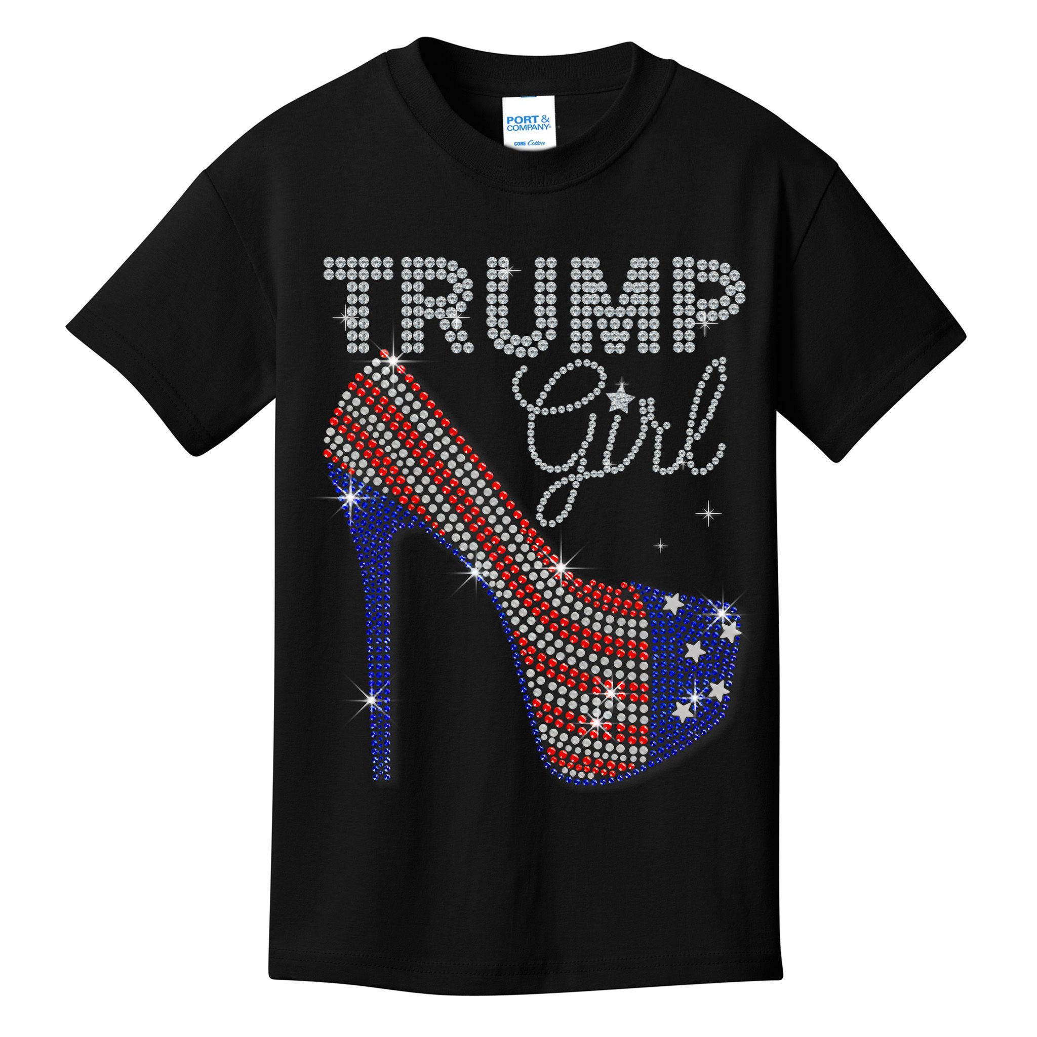 Trump Girl High Heel Faux Rhinestone Us Flag Vote Trump 2024 Kids T-Shirt