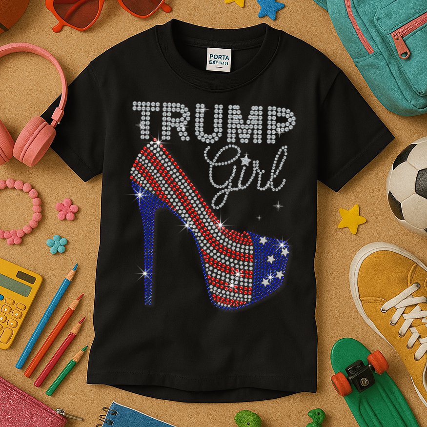 Trump Girl High Heel Faux Rhinestone Us Flag Vote Trump 2024 Kids T-Shirt