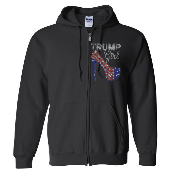 Trump Girl High Heel Faux Rhinestone Us Flag Vote Trump 2024 Full Zip Hoodie