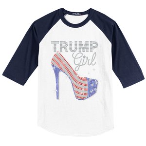 Trump Girl High Heel Faux Rhinestone Us Flag Vote Trump 2024 Baseball Sleeve Shirt