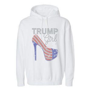 Trump Girl High Heel Faux Rhinestone Us Flag Vote Trump 2024 Garment-Dyed Fleece Hoodie