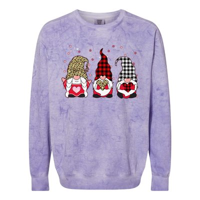 Three Gnomes Holding Leopard Heart & Plaid Valentine's Day Funny Colorblast Crewneck Sweatshirt