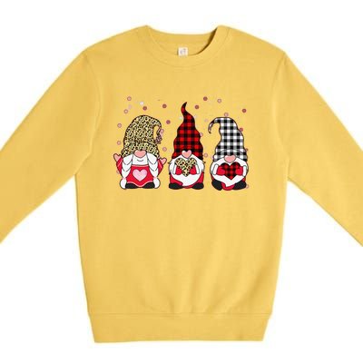 Three Gnomes Holding Leopard Heart & Plaid Valentine's Day Funny Premium Crewneck Sweatshirt