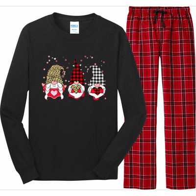 Three Gnomes Holding Leopard Heart & Plaid Valentine's Day Funny Long Sleeve Pajama Set