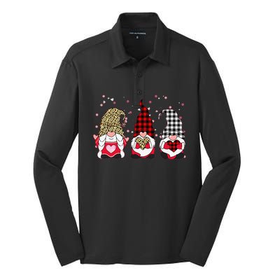 Three Gnomes Holding Leopard Heart & Plaid Valentine's Day Funny Silk Touch Performance Long Sleeve Polo