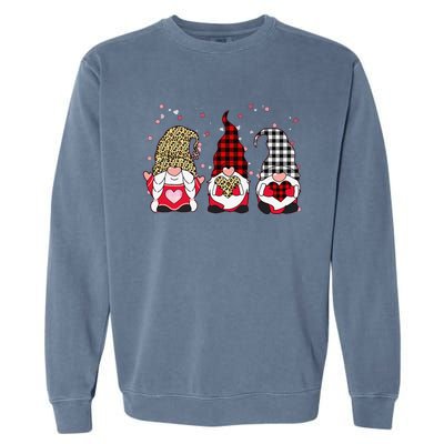 Three Gnomes Holding Leopard Heart & Plaid Valentine's Day Funny Garment-Dyed Sweatshirt