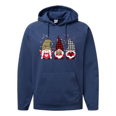 Three Gnomes Holding Leopard Heart & Plaid Valentine's Day Funny Performance Fleece Hoodie