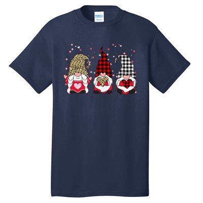 Three Gnomes Holding Leopard Heart & Plaid Valentine's Day Funny Tall T-Shirt