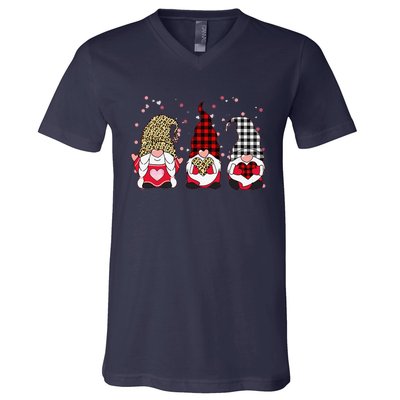 Three Gnomes Holding Leopard Heart & Plaid Valentine's Day Funny V-Neck T-Shirt