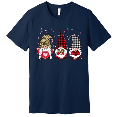 Three Gnomes Holding Leopard Heart & Plaid Valentine's Day Funny Premium T-Shirt