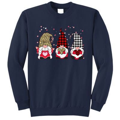 Three Gnomes Holding Leopard Heart & Plaid Valentine's Day Funny Tall Sweatshirt