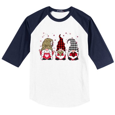 Three Gnomes Holding Leopard Heart & Plaid Valentine's Day Funny Baseball Sleeve Shirt